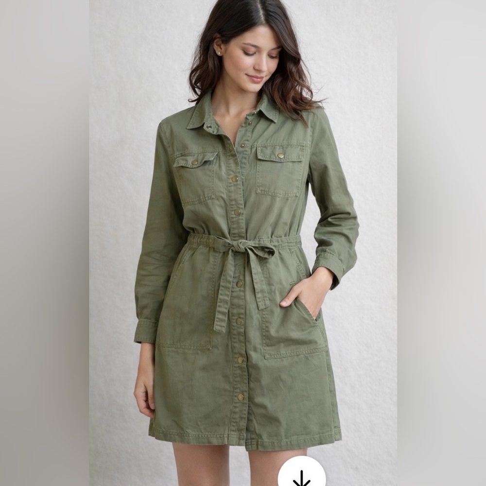 LOFT Green L/S Belted Utility Shirt Dress with Chest Pockets